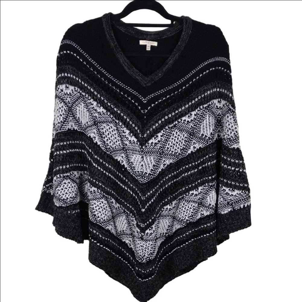 Kate & Sam Black White Open Knit V-Neck Batwing Sleeve Pullover Poncho Sweater